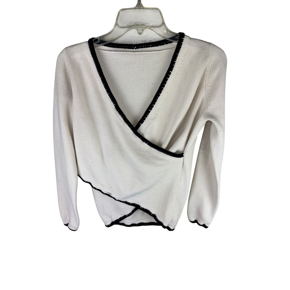 Derek Lam 10 Crosby Ivory Black Blanket Stitch Wrap Ribbed Knit Sweater Top